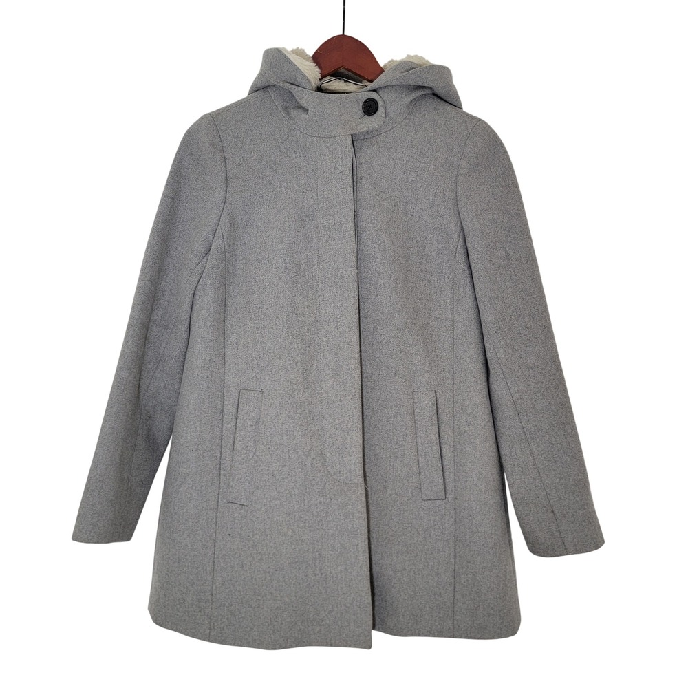 J Crew Swingy Coat Italian Wool‎ Gray Faux Fur Hood Women Sz 4 Lined G9106